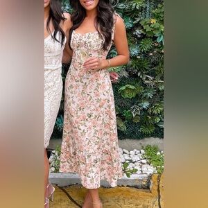 Chic Floral Midi Dress with Pink and Green Accents